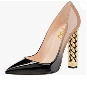 FSJ Black Nude Gold Metal Chain Chunky High Heel Pointed Toe Slip On Shoes